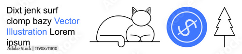 Pets, finances, nature, animal , savings, sustainability. A sleeping cat, currency icon and tree ion. Pets and finances concepts explored in clean modern designs