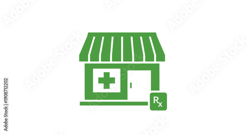 Green Pharmacy Storefront Icon with Medical Cross and Prescription Symbol.