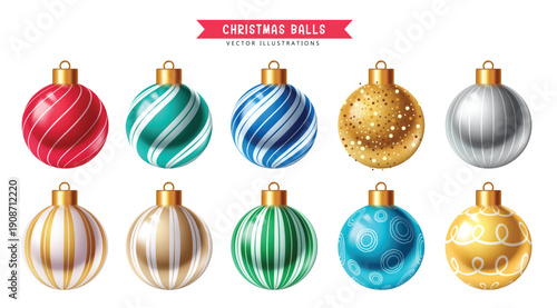 Christmas balls vector set design. Christmas ball with colorful pattern and print in white isolated background for holiday season ornament decoration. Vector illustration xmas bauble collection design
