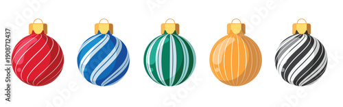 Flat Christmas balls vector set. Printed and pattern flat baubles clip art with color red, blue, green, black and gold sphere bauble elements collection for Christmas decoration vector illustration.

