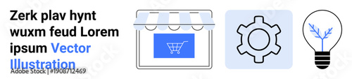 Digital shopfront with a shopping cart, gear for process automation, and lightbulb with a branch representing innovative ideas. Ideal for e-commerce, automation, innovation, business, technology