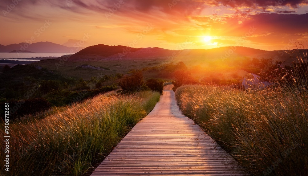 Fototapeta premium Serene Pathway Leading Towards Vibrant Sunset Over Calm Landscape In Tranquil Mode