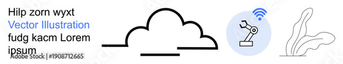 Cloud computing, IoT, automation, connectivity, AI, minimalism. A cloud icon, robotic arm with signal symbol and abstract shapes. Cloud computing and IoT concepts illustrated