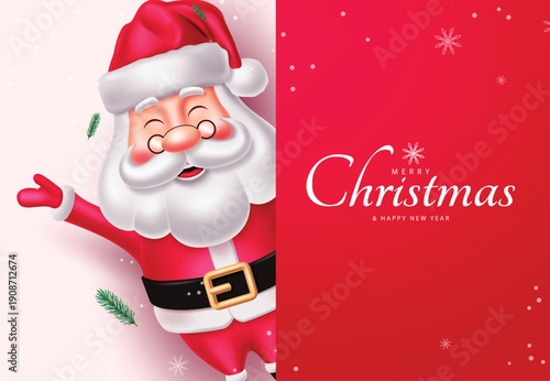 Christmas greeting vector design. Merry Christmas and Happy new year greeting text in red board wish list with Santa Claus character in winter background. Vector illustration greeting card.

