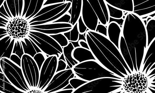 Black and white floral line art daisy flower pattern background. vintage decorative.