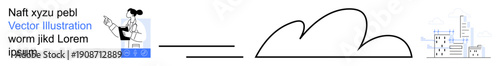 Data storage, digital cloud, connectivity, urban infrastructure, online tech, business services. Person pointing at cloud and cityscape. Data storage and digital cloud interaction concept