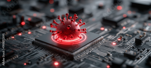 Cyber Security Threat Concept: Glowing Red Computer Virus Symbol on Microchip Processor with High-Tech Circuit Board Background