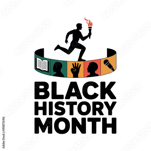 A Black History Month logo with a running silhouette and torch