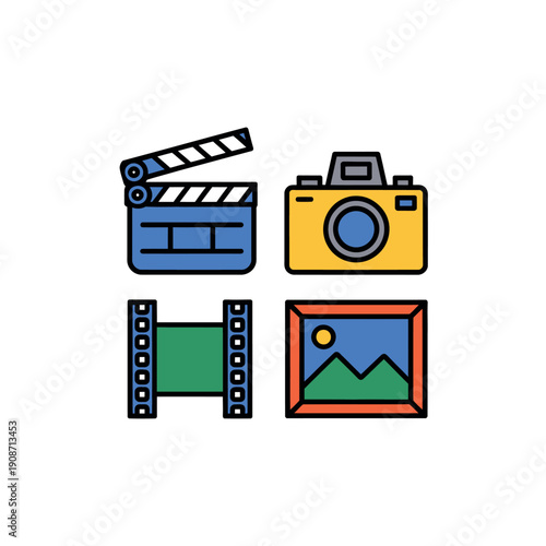 A colorful illustration of film and photography icons on a white background