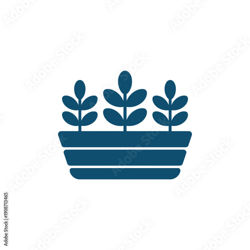 A simple blue icon of plants growing in a pot