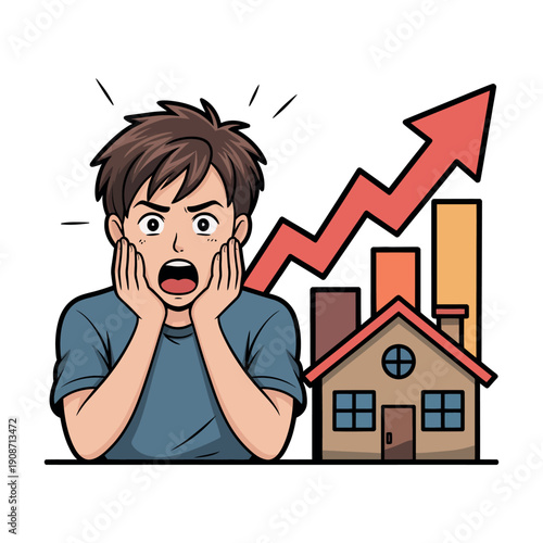 A worried man looking at a rising house price graph