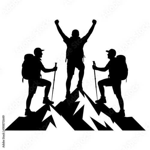 Three hikers in silhouette standing on a mountain peak