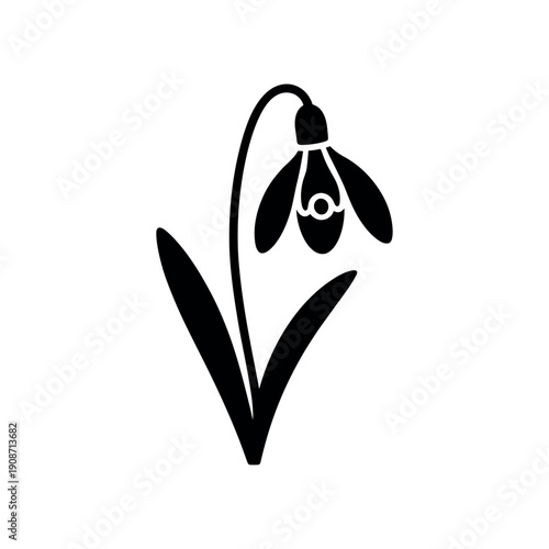 A simple black and white illustration of a snowdrop flower