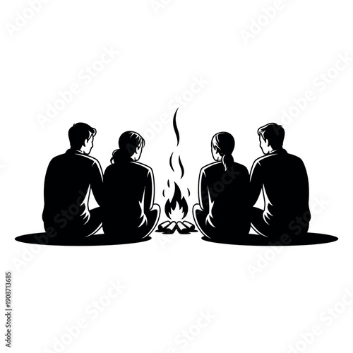 Four people sitting around a campfire in the dark