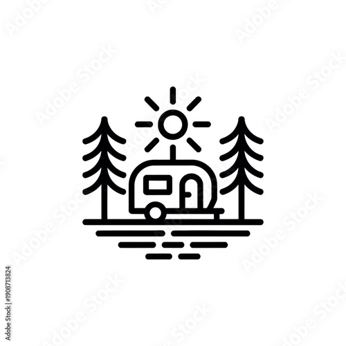 A simple black line drawing of a camper trailer in a forest