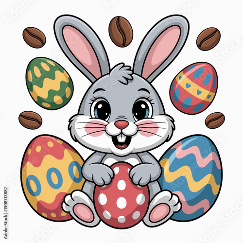 A cheerful bunny holds a polka-dotted egg surrounded by vibrantly colored Easter eggs.