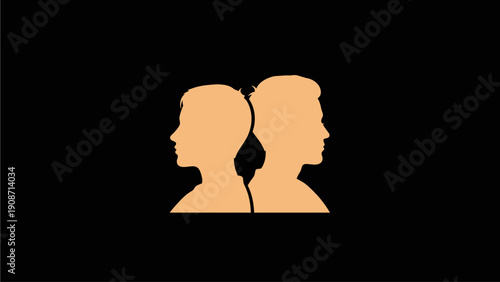 Abstract human silhouettes back to back, symbolizing duality, opposing perspectives, relationship dynamics, connection, or conflict.
