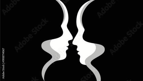 Two faces in profile looking at each other, creating an optical illusion of a white vase or chalice against a black background