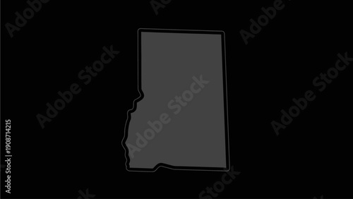 Minimalist dark grey silhouette map of Alabama state on a black background with subtle outline. USA geography concept.
