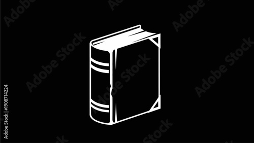 Elegant white icon of an antique hardcover book on a black background, symbolizing knowledge, education, learning, and literature.