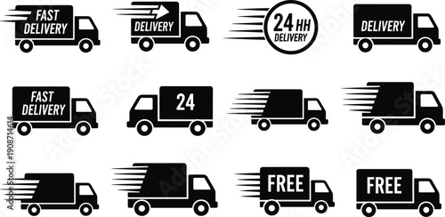 Various trucks and vans in motion conveying fast delivery and free shipping services from different viewpoints
