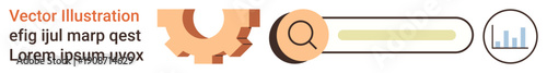 Digital marketing, search queries, analytics tools, optimization processes, business growth, web development. Gear, magnifying glass search bar and chart icons. Digital marketing and search queries