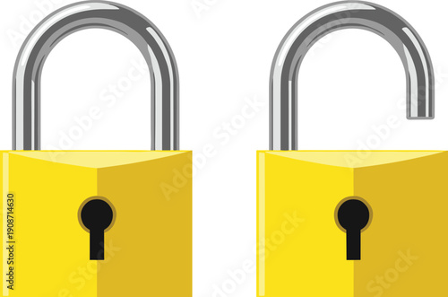 Two yellow padlocks with shackles in an open and closed position showcasing security and safety measures side by side