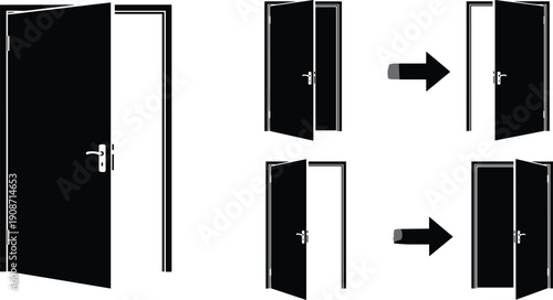 Illustration of door opening sequence showing various stages from closed to open viewed from the side