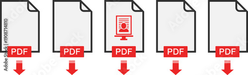 A series of PDF documents with download arrows, illustrating digital file sharing and data transfer