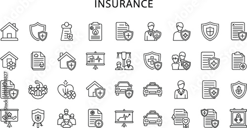 Collection of insurance-related icons representing various aspects of protection and security in a grid layout