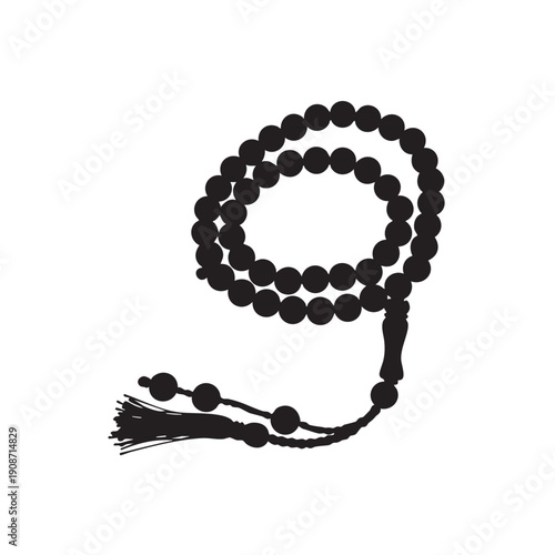 A black rosary with a tassel on a white background