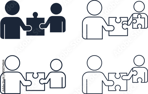 Illustrations of people connecting puzzle pieces together symbolizing teamwork and collaboration from various viewpoints