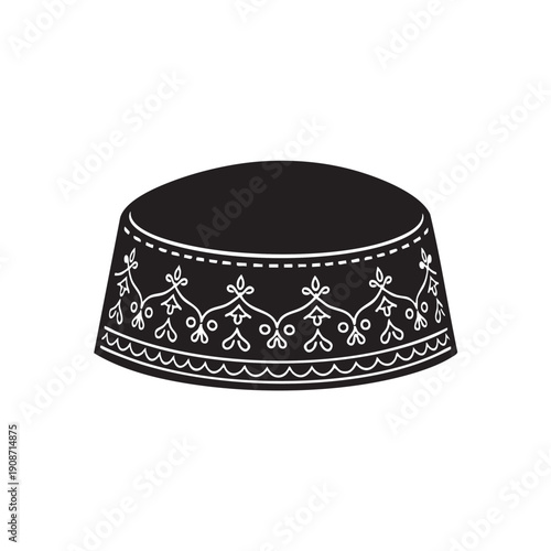 A black and white image of a decorative hat