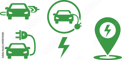 Electric Vehicles Charging and Navigation Icons Representing Sustainable Transport Options and Energy