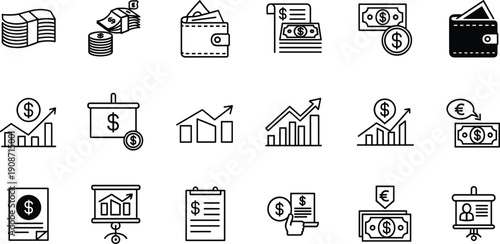 A collection of financial icons displayed in a grid on a clean white background, viewed from directly above with various finance-related symbols