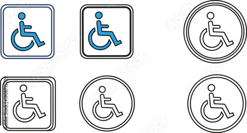 Collection of disability icons in various styles and frames on a plain background