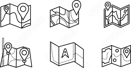 Various folding maps with location markers and navigation symbols displayed from different viewpoints