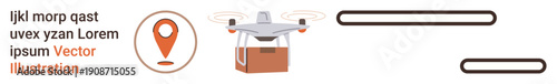 Logistics, delivery services, e-commerce, contactless shipping, innovation, navigation. quadcopter carrying a package and a map marker icon. Logistics and delivery services concept