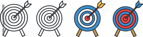 Set of archery targets with arrows hitting the center, isolated on a clean background, shown from a straight-on viewpoint in different illustration styles