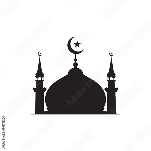 A black silhouette of a mosque with minarets and a crescent moon