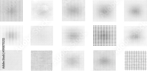 A collection of various grid patterns and blurred shapes in a grid layout on a plain surface from a top-down viewpoint