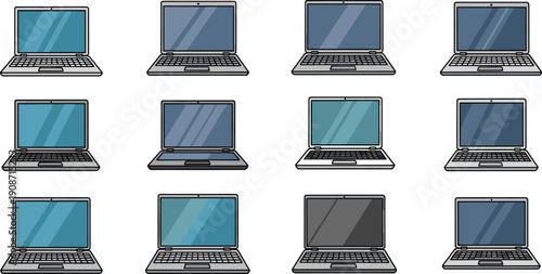 Collection of multiple laptops arranged in a grid pattern, showcasing various screen colors and designs from a straightforward viewpoint.