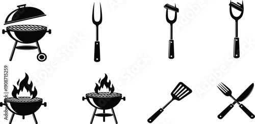 Assorted barbecue grill icons and utensils set on a white background, viewed from directly above