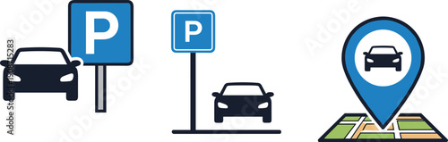 Illustration of parking signs and cars on a map, showing vehicle locations and parking areas.
