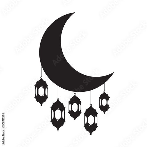 A black silhouette of a crescent moon with hanging lanterns