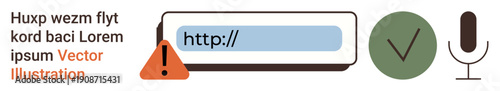 Website security, online verification, cybersecurity, user interface, internet browsing, digital safety. Warning alert, URL bar checkmark and microphone symbol. Website security and online
