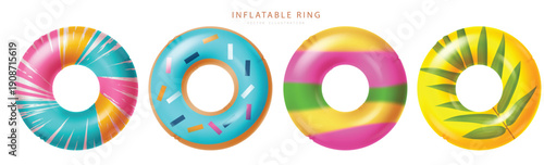 Summer inflatable ring vector element set. Summer inflatable rings, floaters objects collection for vacation swimming elements. Vector illustration summer floaters set.

