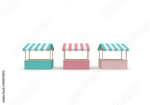 Perspective view of three market stalls with striped turquoise and pink awnings isolated on white background png