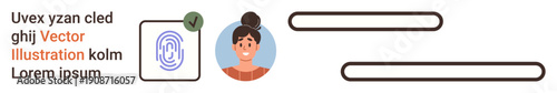Biometric security, digital identification, online profiles, authentication, technology applications, personal data. Fingerprint icon, avatar of a person with verification checkmark. Biometric