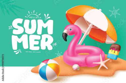 Hello Summer text with summer elements like flamingo, umbrella, beach ball, sea shell, popsicle and starfish, For holiday vacation beach island background vector illustration.

